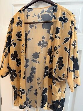 Sheer Floral Kimono Cardigan - Mustard Yellow & Black